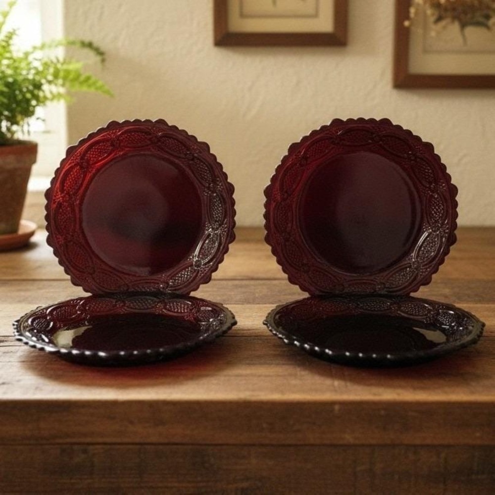 Avon 1876 Cape Cod Dessert Plates, Set of 4, Vintage Ruby Glassware Replacements
